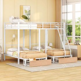 Full Over Twin & Twin Bunk Bed, Metal Triple Bunk Bed with Drawers and Guardrails (Color: White)