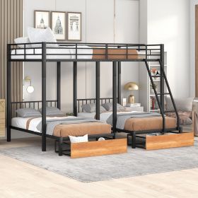 Full Over Twin & Twin Bunk Bed, Metal Triple Bunk Bed with Drawers and Guardrails (Color: Black)