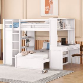 Full size Loft Bed with a twin size Stand-alone bed, Shelves,Desk,and Wardrobe (Color: White)