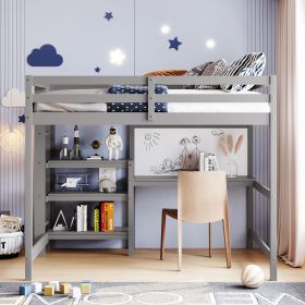 Full Size Wooden Loft Bed with Shelves, Desk and Writing Board (Color: Gray)