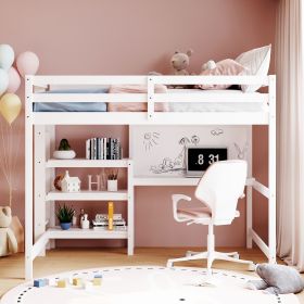 Full Size Wooden Loft Bed with Shelves, Desk and Writing Board (Color: White)