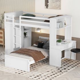 Twin size Loft Bed with a Stand-alone bed;  Shelves; Desk; and Wardrobe (Color: White)