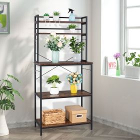 5-Tier Kitchen Bakers Rack with 10 S-Shaped Hooks; Industrial Microwave Oven Stand; Free Standing Kitchen Utility Cart Storage Shelf Organizer (Rustic (Color: as picture)