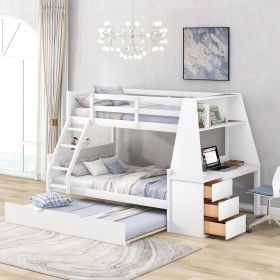 Twin over Full Bunk Bed with Trundle and Built-in Desk;  Three Storage Drawers and Shelf (Color: White)