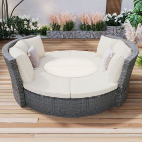 Patio 5-Piece Round Rattan Sectional Sofa Set All-Weather (Color: Beige)