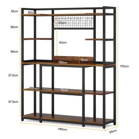 5-Tier Kitchen Baker's Rack, 55" Wide Kitchen Storage Shelf with 11 Hooks (Color: Rustic Brown)