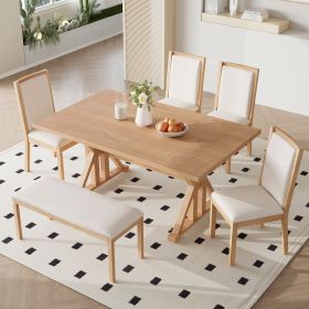 Farmhouse Classical 6-Piece Dining Table Set with Trestle Legs,Kitchen Table Set for 6 with 4 Upholstered Dining Chairs and Bench (Material: Rubber Wood, Color: Natural)