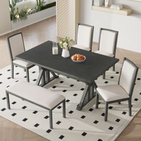 Farmhouse Classical 6-Piece Dining Table Set with Trestle Legs,Kitchen Table Set for 6 with 4 Upholstered Dining Chairs and Bench (Material: Rubber Wood, Color: Beige+Grey)