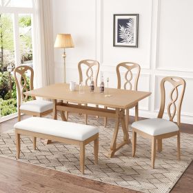 Retro 6-Piece Trestle Dining Table Set with Upholstered Dining Chairs and Dining Bench, Smooth Dining Backs for Dining Room, Living Room, Kitchen (Material: Rubber Wood, Color: Natural+Beige)