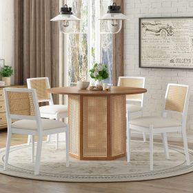 5-Piece Rattan Round Dining Table Set, Wood Table with Hexagonal Base and Upholstered Chairs for Dining Room, Kitchen,Indoor Use (Material: Rubber Wood, Color: White)