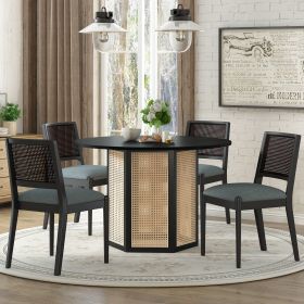 5-Piece Rattan Round Dining Table Set, Wood Table with Hexagonal Base and Upholstered Chairs for Dining Room, Kitchen,Indoor Use (Material: Rubber Wood, Color: Black)