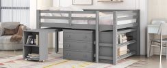 Low Study Full Loft Bed with Cabinet ; Shelves and Rolling Portable Desk ; Multiple Functions Bed