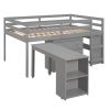 Low Study Full Loft Bed with Cabinet ; Shelves and Rolling Portable Desk ; Multiple Functions Bed