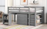 Low Study Full Loft Bed with Cabinet ; Shelves and Rolling Portable Desk ; Multiple Functions Bed