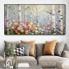 Hand Painted Oil Painting Birch Forest Colorful Decor Art Hand Painted Forest Plant Painting Birch Forest Landscape Texture Artwork Blooming Flowers C