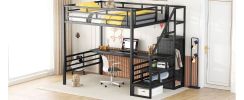 Full Size Metal Loft Bed with Desk, Storage Staircase and Small Wardrobe, Storage stairs can be installed left and right