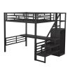 Full Size Metal Loft Bed with Desk, Storage Staircase and Small Wardrobe, Storage stairs can be installed left and right