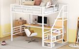 Full Size Metal Loft Bed with Desk, Storage Staircase and Small Wardrobe, Storage stairs can be installed left and right