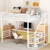 Full Size Metal Loft Bed with Desk, Storage Staircase and Small Wardrobe, Storage stairs can be installed left and right