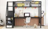 Full Size Metal Loft Bed with Desk, Storage Staircase and Small Wardrobe, Storage stairs can be installed left and right