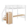 Full Size Metal Loft Bed with Desk, Storage Staircase and Small Wardrobe, Storage stairs can be installed left and right