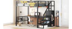 Full Size Metal Loft Bed with Desk, Storage Staircase and Small Wardrobe, Storage stairs can be installed left and right