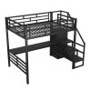 Full Size Metal Loft Bed with Desk, Storage Staircase and Small Wardrobe, Storage stairs can be installed left and right