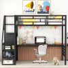 Full Size Metal Loft Bed with Desk, Storage Staircase and Small Wardrobe, Storage stairs can be installed left and right