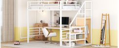 Full Size Metal Loft Bed with Desk, Storage Staircase and Small Wardrobe, Storage stairs can be installed left and right