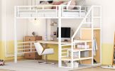 Full Size Metal Loft Bed with Desk, Storage Staircase and Small Wardrobe, Storage stairs can be installed left and right