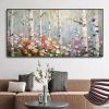 Hand Painted Oil Painting Birch Forest Colorful Decor Art Hand Painted Forest Plant Painting Birch Forest Landscape Texture Artwork Blooming Flowers C