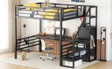 Full Size Metal Loft Bed with Desk, Storage Staircase and Small Wardrobe, Storage stairs can be installed left and right