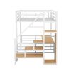 Full Size Metal Loft Bed with Desk, Storage Staircase and Small Wardrobe, Storage stairs can be installed left and right