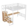 Full Size Metal Loft Bed with Desk, Storage Staircase and Small Wardrobe, Storage stairs can be installed left and right