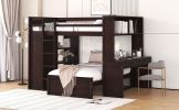 Full size Loft Bed with a twin size Stand-alone bed, Shelves,Desk,and Wardrobe