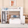 Full size Loft Bed with a twin size Stand-alone bed, Shelves,Desk,and Wardrobe