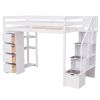 Twin size Loft Bed with Storage Drawers and Stairs, Wooden Loft Bed with Shelves