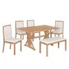 Farmhouse Classical 6-Piece Dining Table Set with Trestle Legs,Kitchen Table Set for 6 with 4 Upholstered Dining Chairs and Bench