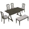 Retro 6-Piece Trestle Dining Table Set with Upholstered Dining Chairs and Dining Bench, Smooth Dining Backs for Dining Room, Living Room, Kitchen