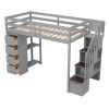 Twin size Loft Bed with Storage Drawers and Stairs, Wooden Loft Bed with Shelves