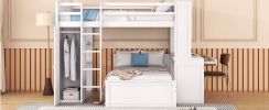 Full size Loft Bed with a twin size Stand-alone bed, Shelves,Desk,and Wardrobe