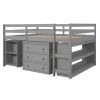 Low Study Full Loft Bed with Cabinet ; Shelves and Rolling Portable Desk ; Multiple Functions Bed