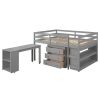 Low Study Full Loft Bed with Cabinet ; Shelves and Rolling Portable Desk ; Multiple Functions Bed