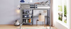 Full Size Wooden Loft Bed with Shelves, Desk and Writing Board