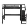 Full Size Metal Loft Bed with Desk, Storage Staircase and Small Wardrobe, Storage stairs can be installed left and right