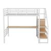 Full Size Metal Loft Bed with Desk, Storage Staircase and Small Wardrobe, Storage stairs can be installed left and right