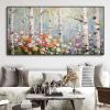 Hand Painted Oil Painting Birch Forest Colorful Decor Art Hand Painted Forest Plant Painting Birch Forest Landscape Texture Artwork Blooming Flowers C