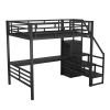 Full Size Metal Loft Bed with Desk, Storage Staircase and Small Wardrobe, Storage stairs can be installed left and right