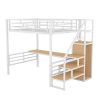 Full Size Metal Loft Bed with Desk, Storage Staircase and Small Wardrobe, Storage stairs can be installed left and right