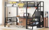 Full Size Metal Loft Bed with Desk, Storage Staircase and Small Wardrobe, Storage stairs can be installed left and right